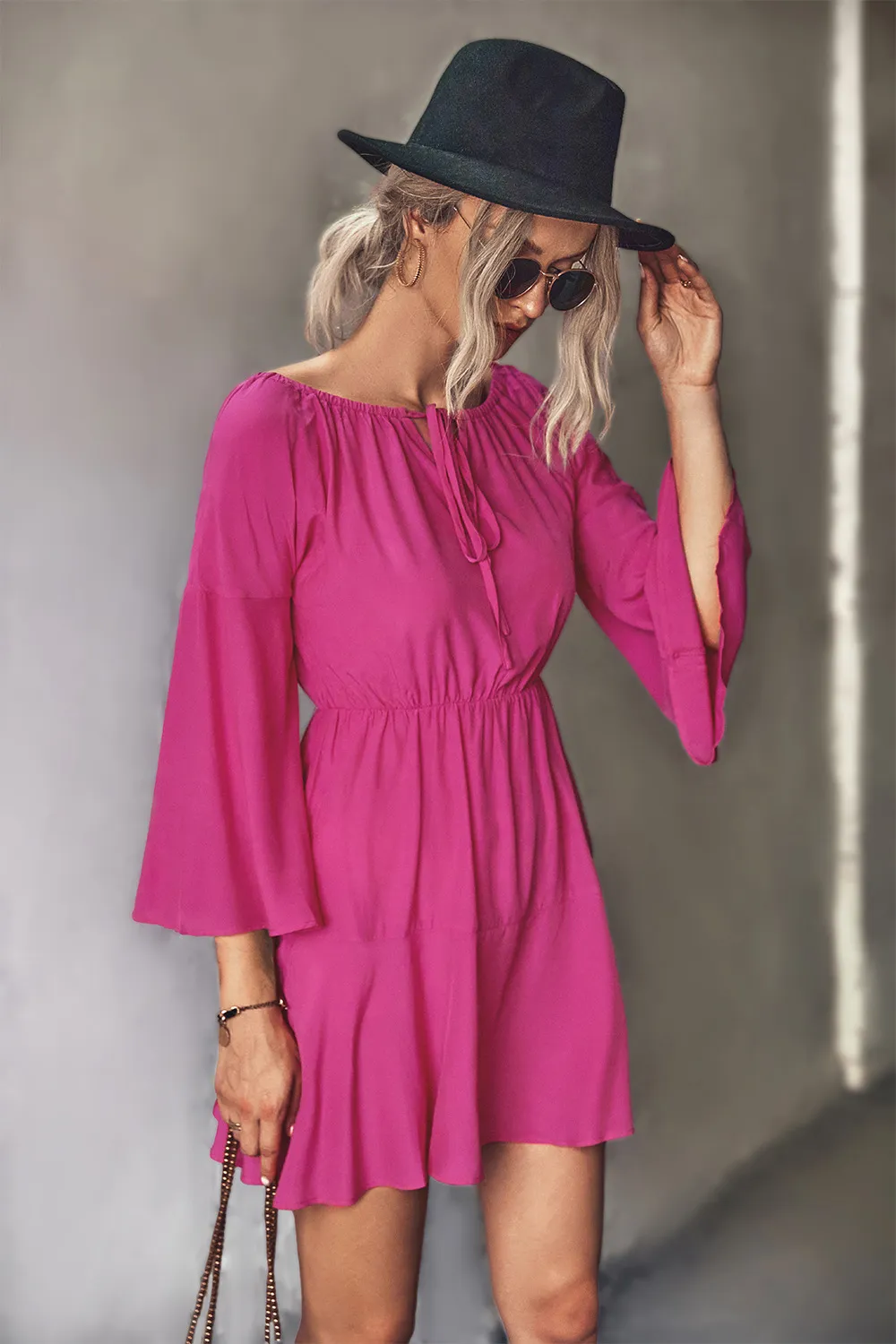 Tie Neck Flare Sleeve Mini Dress, image 11