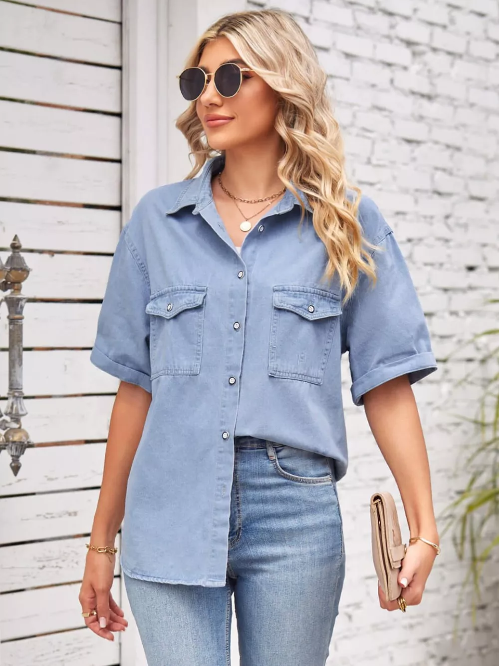 Collared Neck Short Sleeve Denim Jacket, image 6