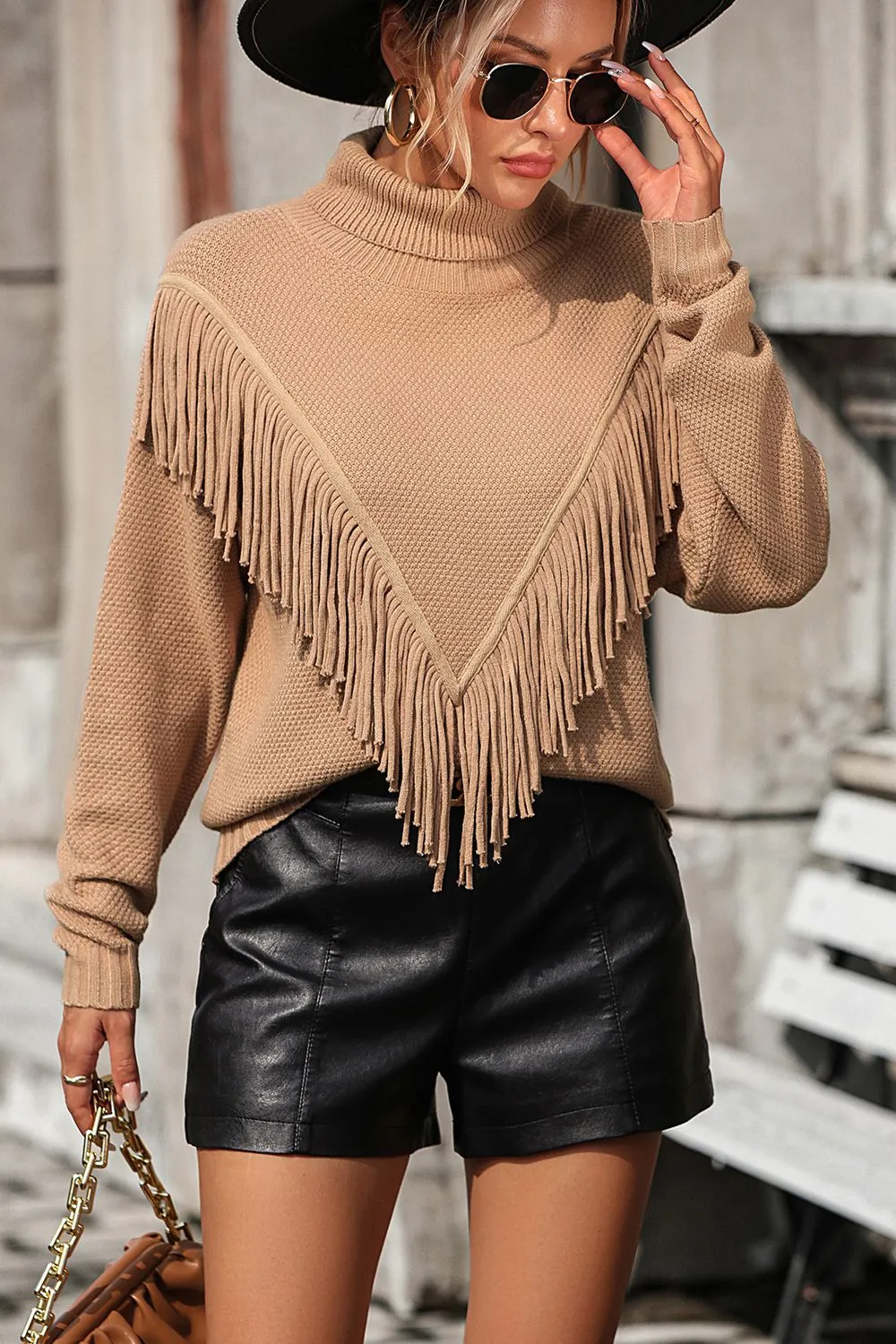 Turtle Neck Tassel Front Long Sleeve Pullover Sweater, image 12