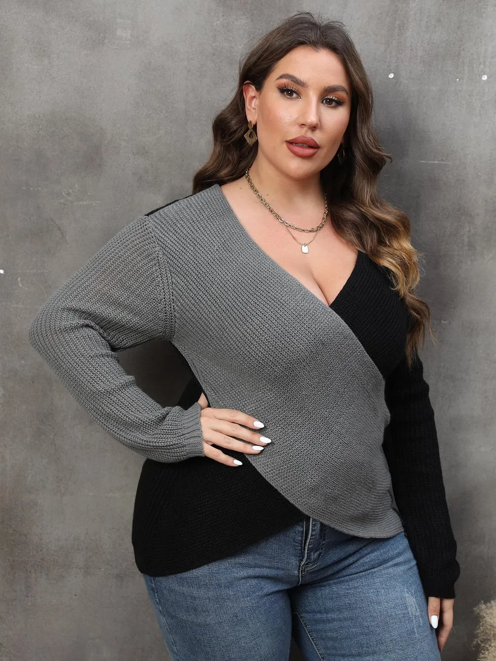 Plus Size Two-Tone Surplice Neck Sweater, image 6