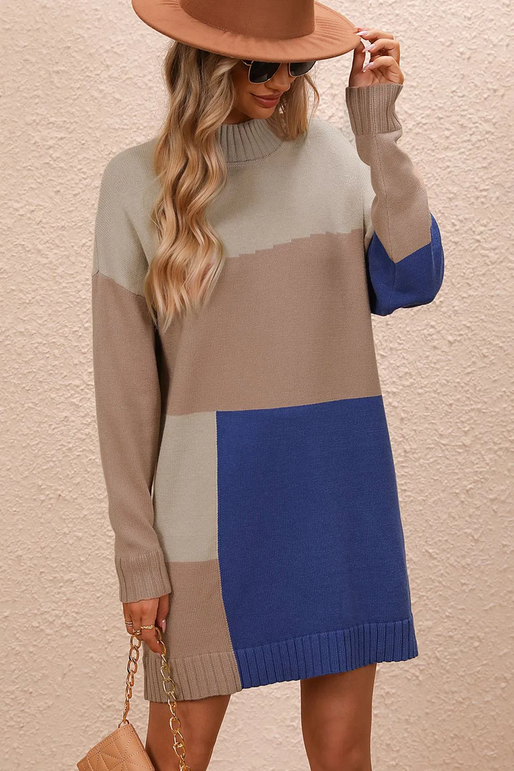 Color Block Mock Neck Dropped Shoulder Sweater Dress, image 5
