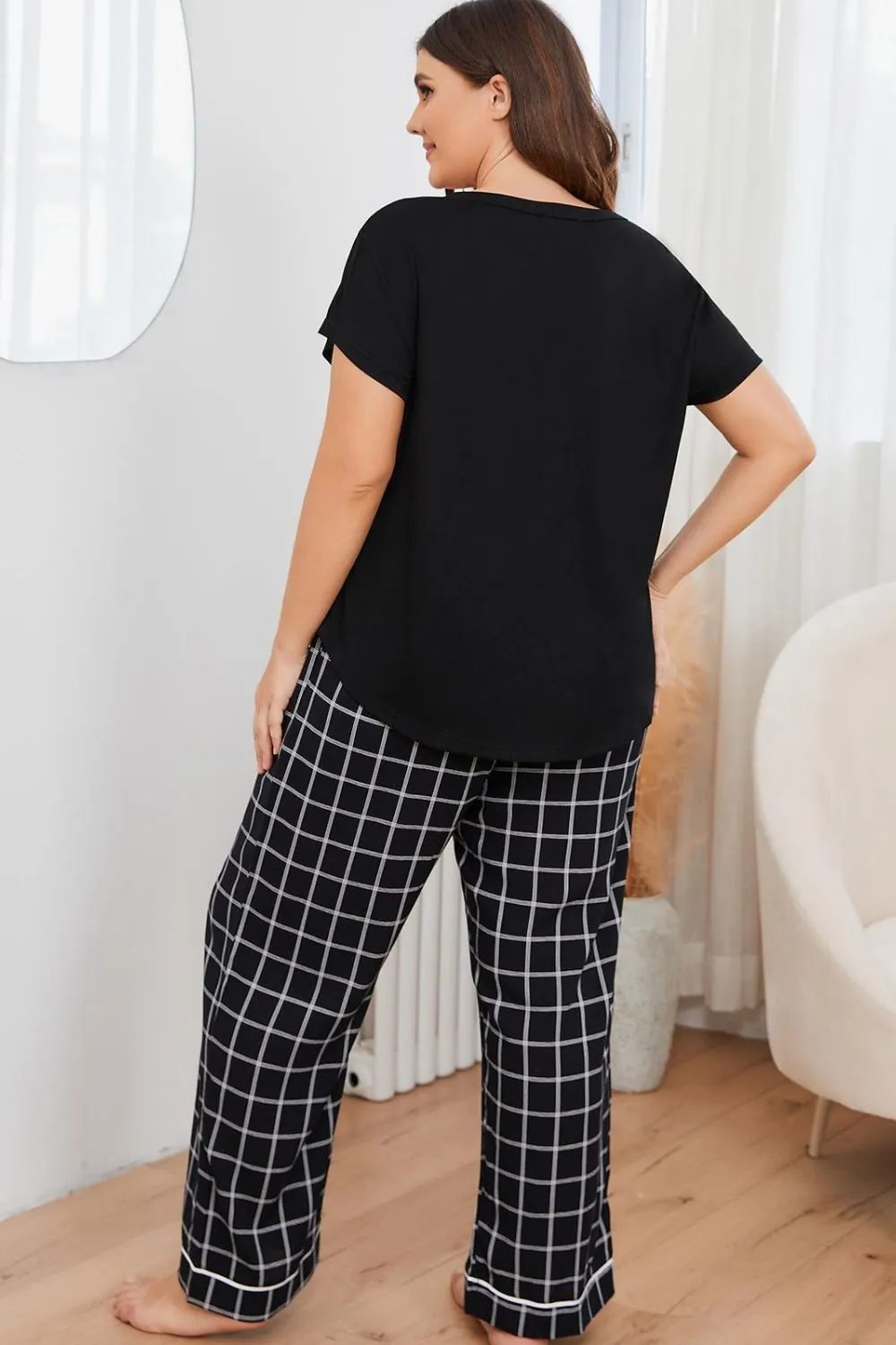 Plus Size V-Neck Top and Plaid Pants Lounge Set, image 2