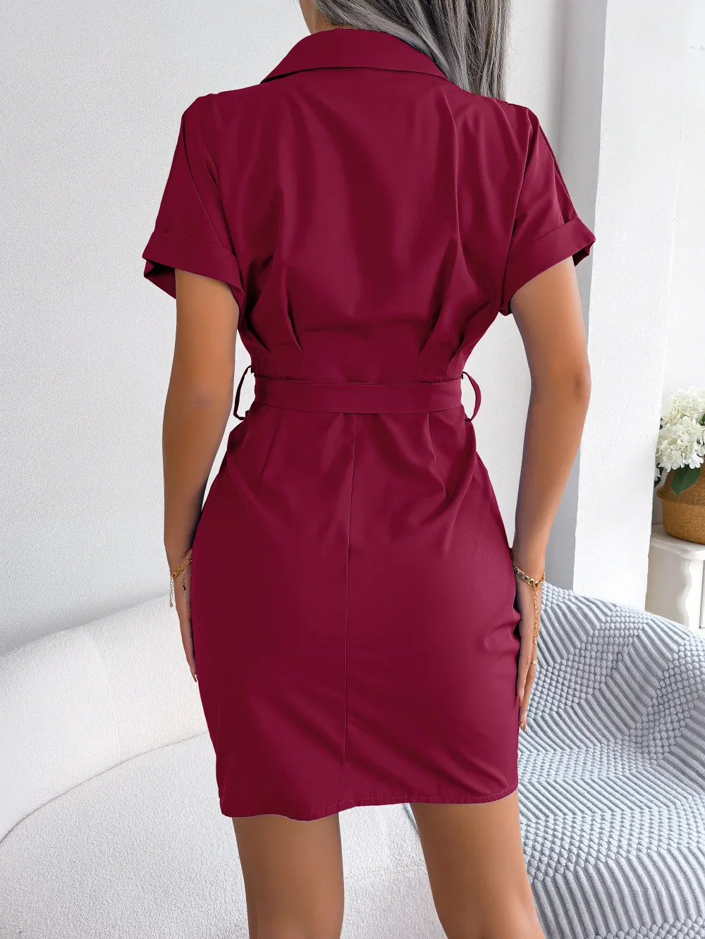 Button Down Ruched Tie Belt Dress, image 3