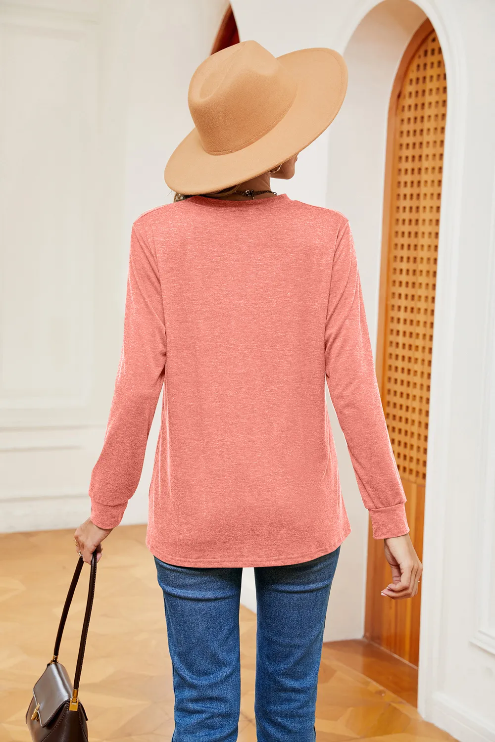 Buttoned Notched Neck Long Sleeve Top, image 13