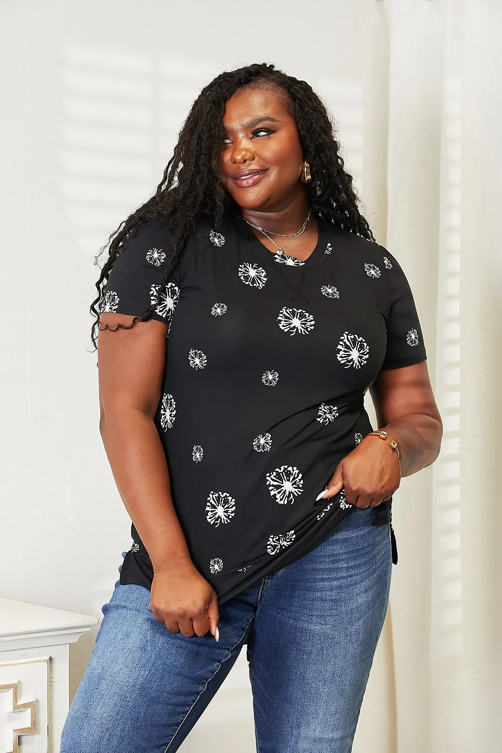 Dandelion Print Round Neck T-Shirt, image 7