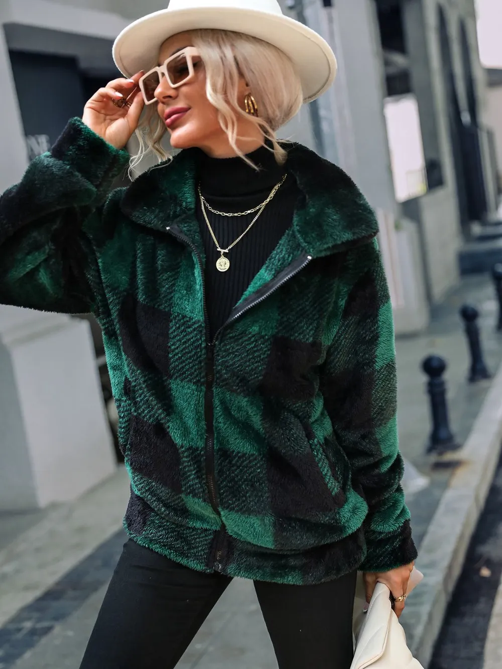 Plaid Zip-Up Collared Jacket, image 4