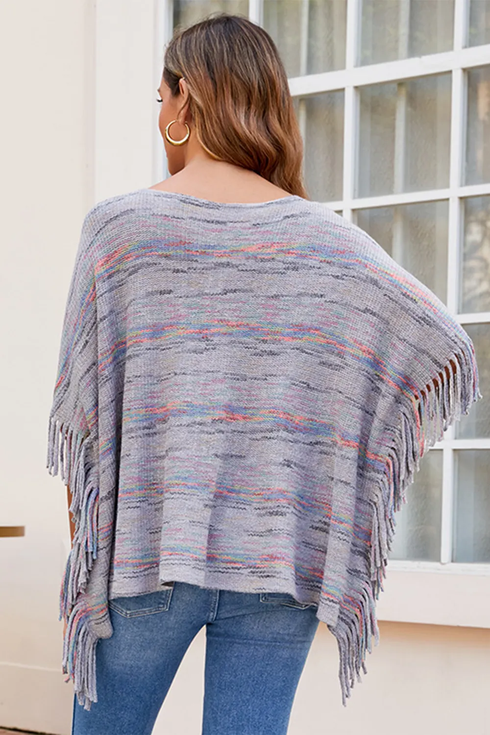 Round Neck Fringe Detail Sleeve Poncho, image 3