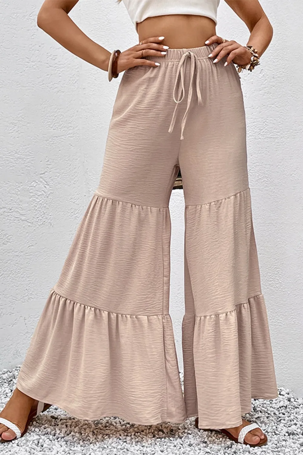 Drawstring Waist Tiered Flare Culottes, image 4