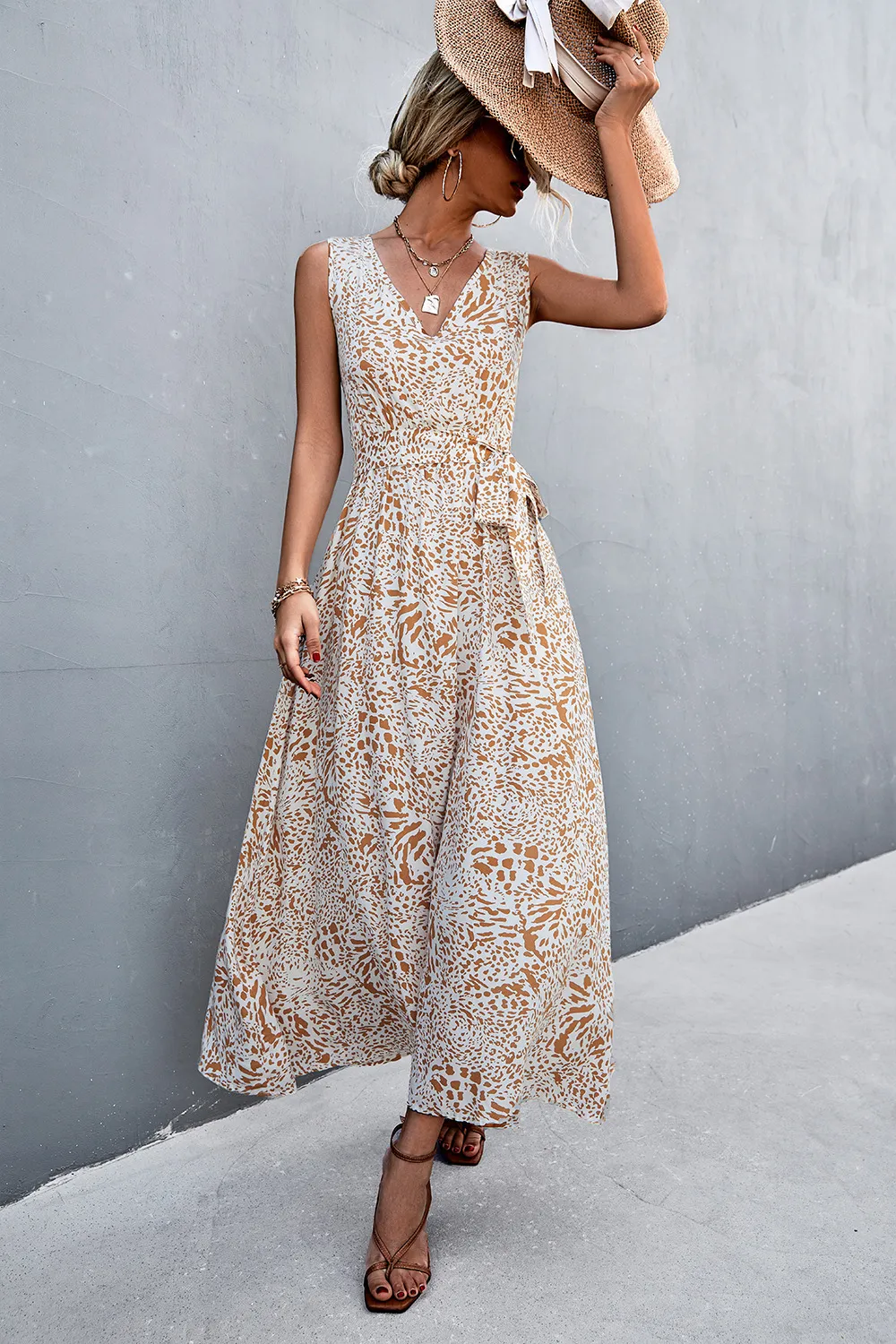 Printed V-Neck Tie Waist Maxi Dress, image 12