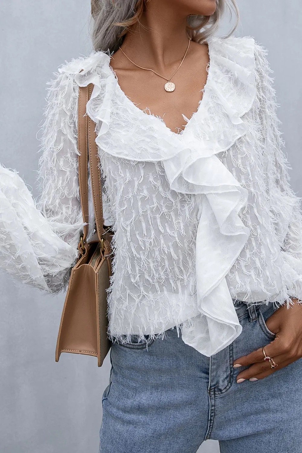 Ruffle Hem Fringe V-Neck Balloon Sleeve Blouse, image 7