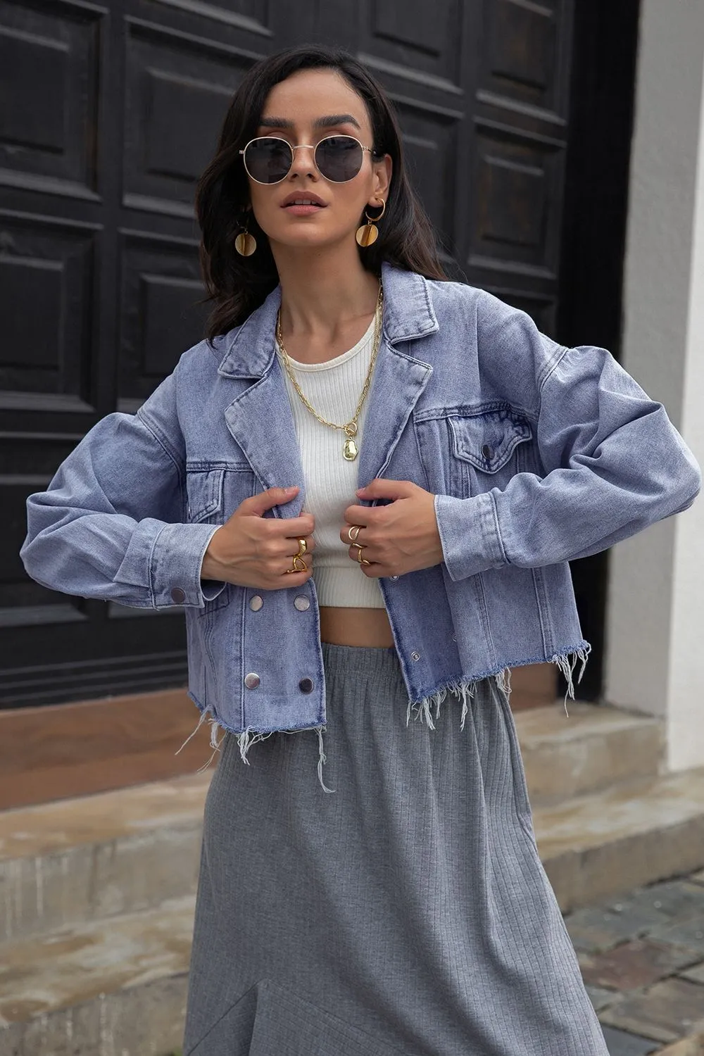 Lapel Collar Long Sleeve Denim Jacket, image 3