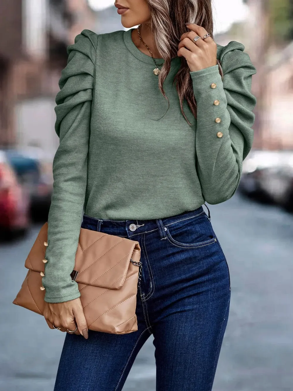 Decorative Button Puff Sleeve T-Shirt, image 10