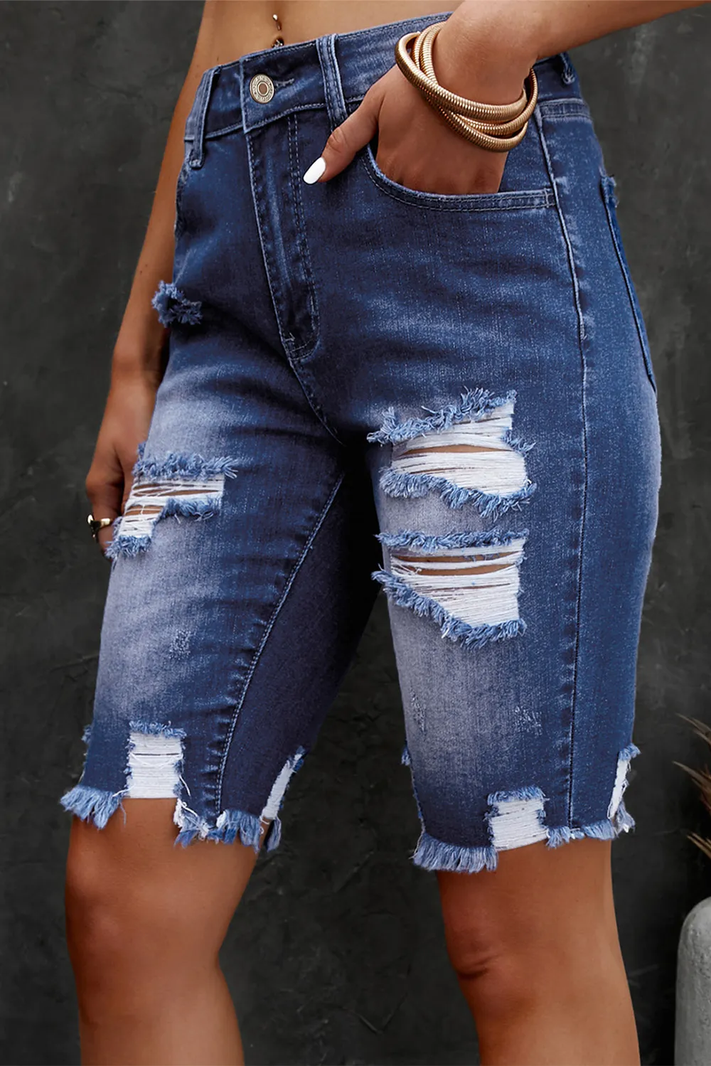 Distressed Frayed Hem Denim Bermuda Shorts, image 9