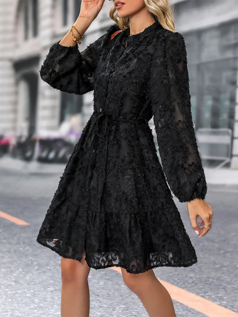 V-Neck Long Sleeve Buttoned Dress, image 4