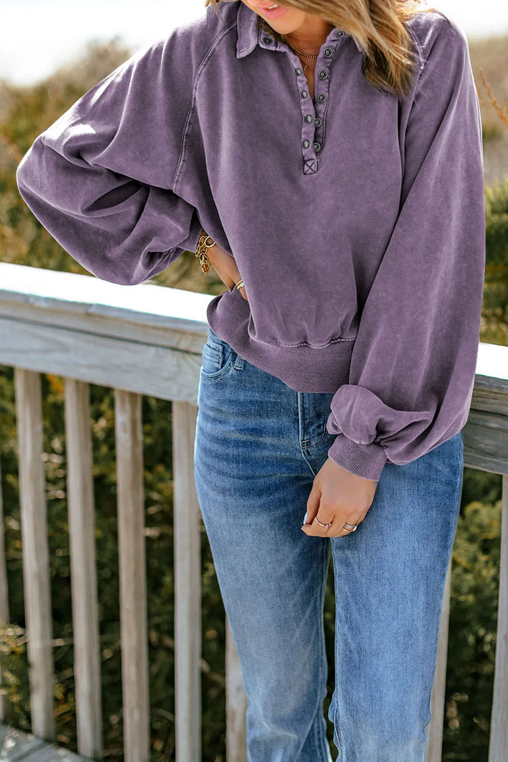 Quarter-Snap Collared Lantern Sleeve Sweatshirt, image 14