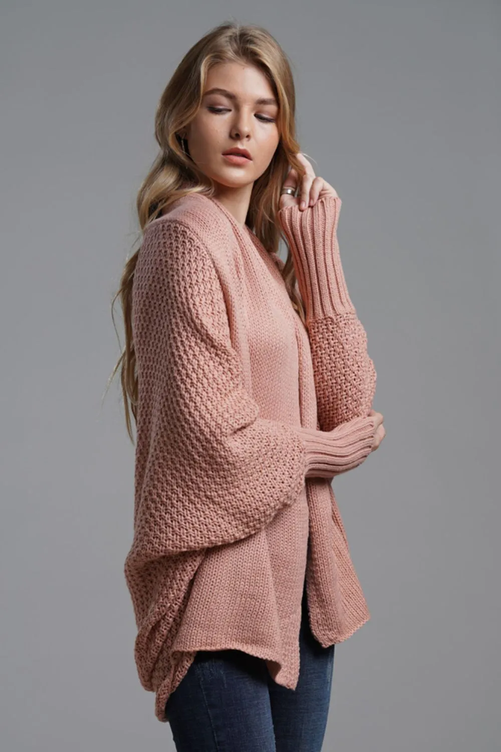 Dolman Sleeve Open Front Ribbed Trim Longline Cardigan, image 16