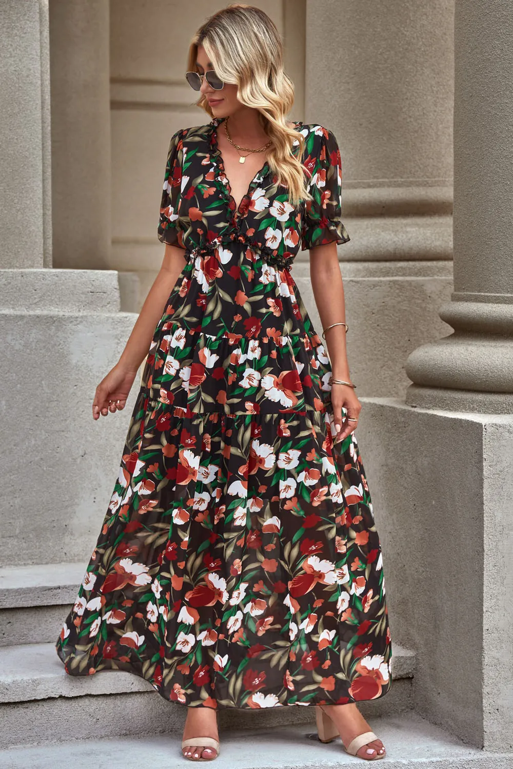 Floral V-Neck Short Flounce Sleeve Dress, image 7