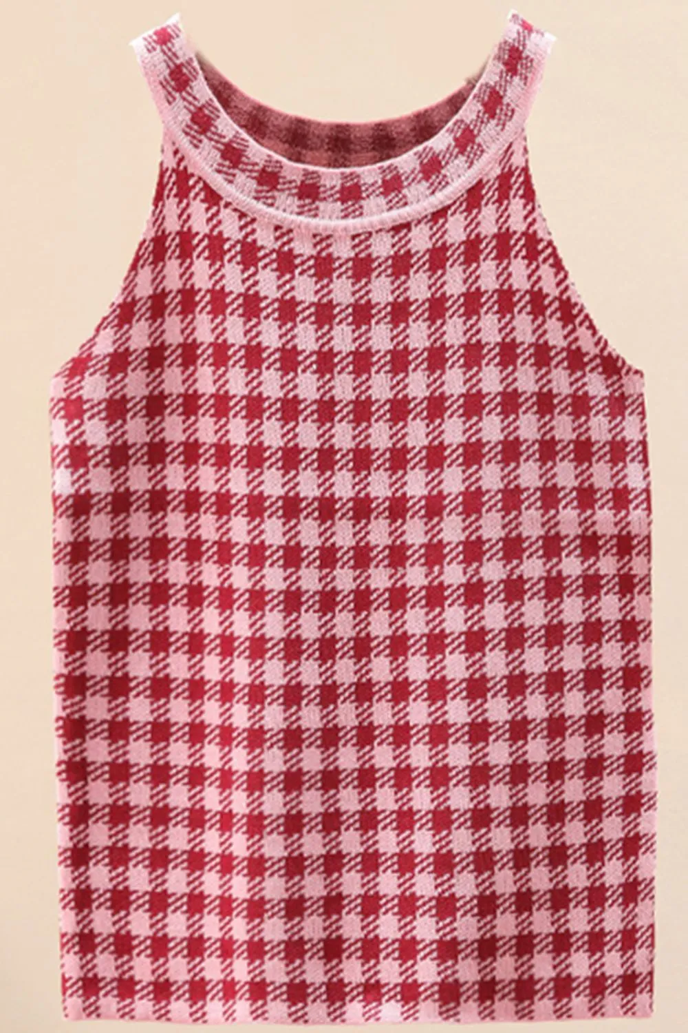 Plaid Round Neck Sleeveless Knit Top, image 9