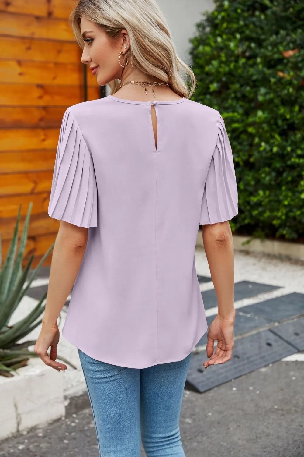 Pleated Flutter Sleeve Round Neck Blouse, image 14