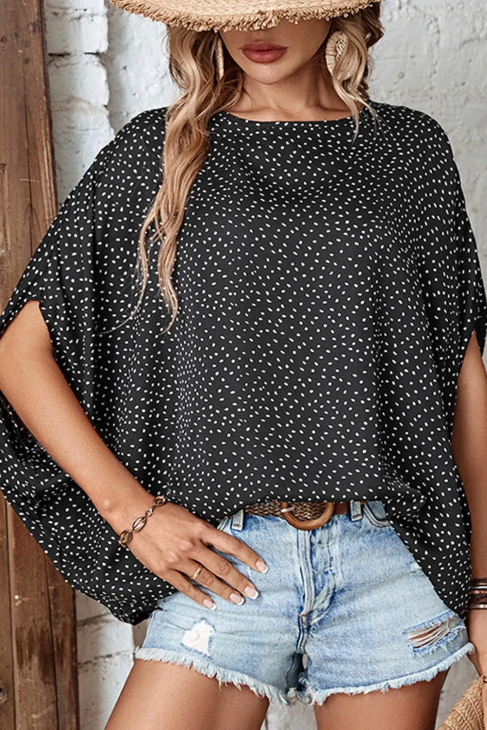 Printed Dolman Sleeve Round Neck Blouse, image 3