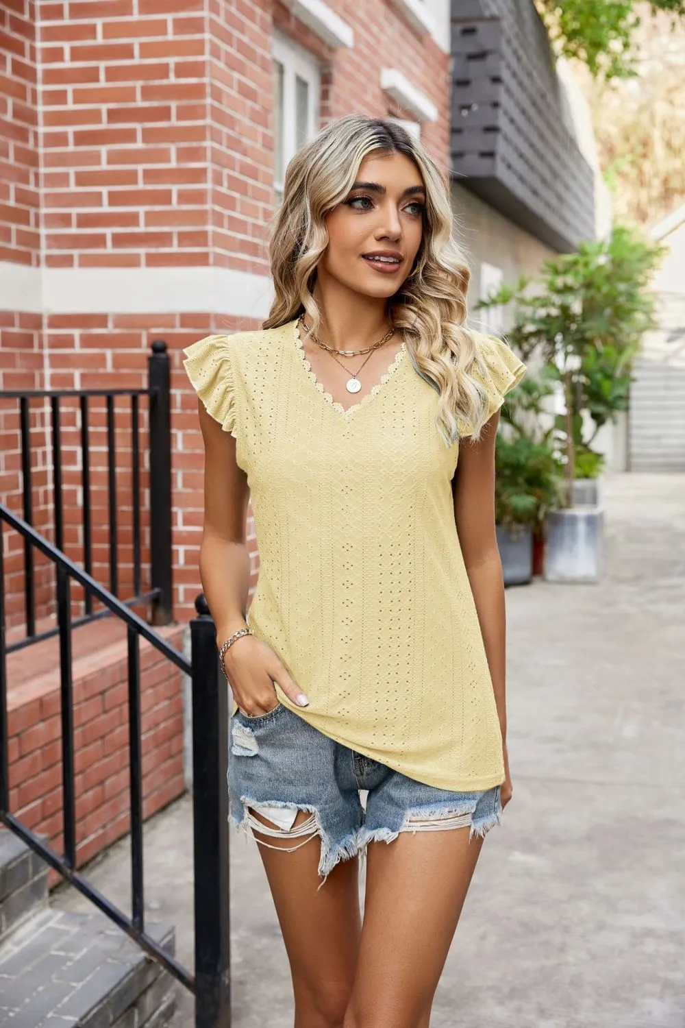 Eyelet Flutter Sleeve Scalloped V-Neck Top, image 19