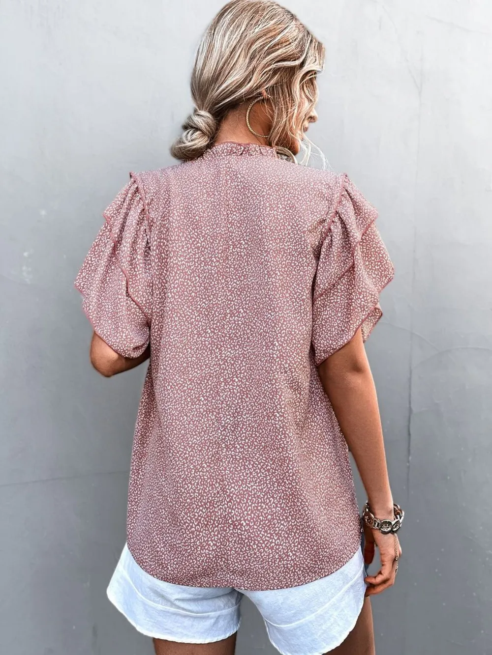 Printed Flutter Sleeve V-Neck Top, image 6