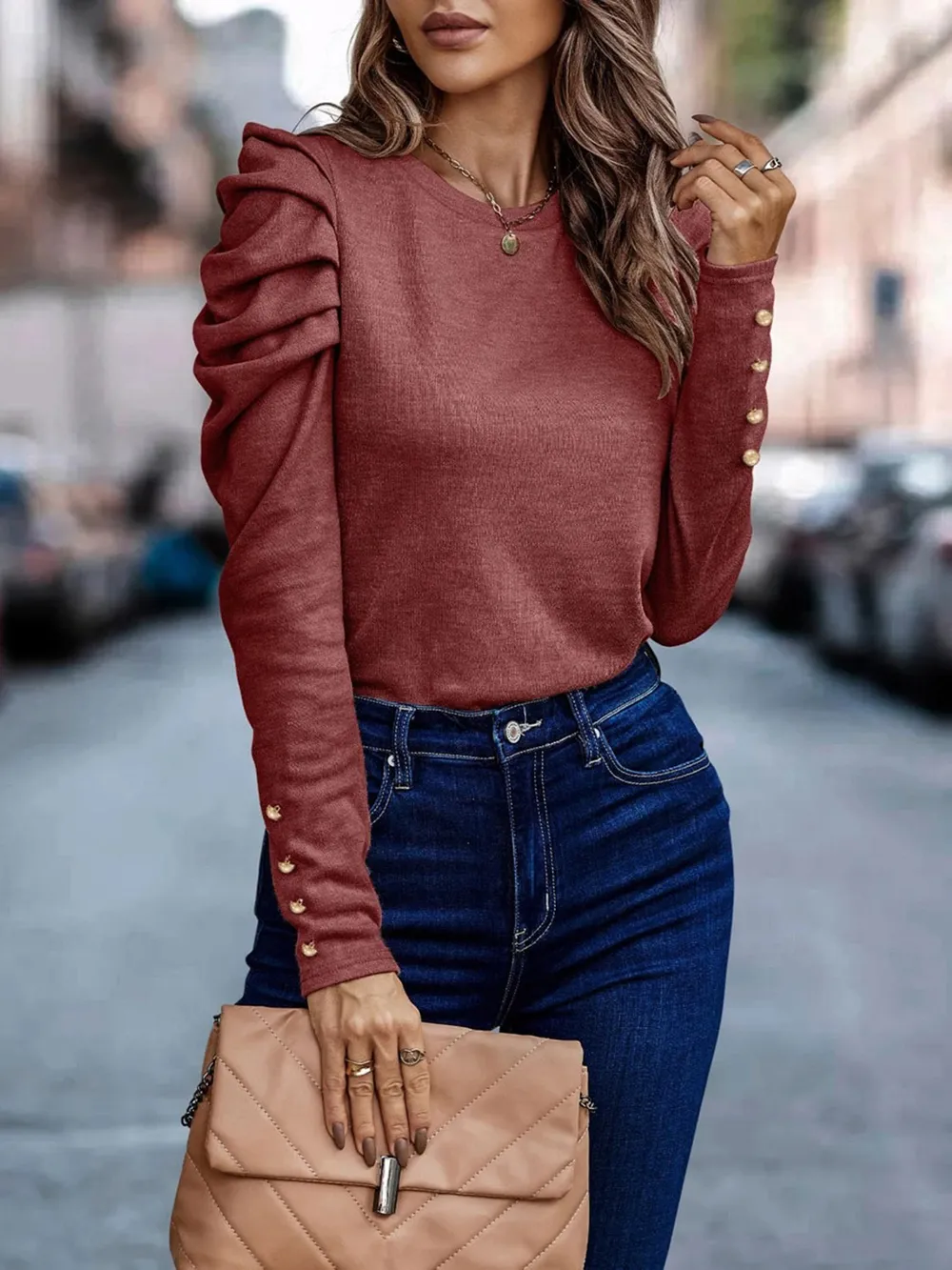 Decorative Button Puff Sleeve T-Shirt, image 2