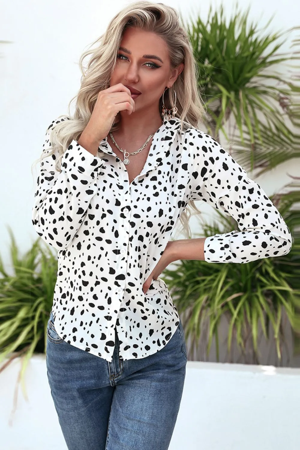 Animal Print Curved Hem Button-Up Shirt, image 3