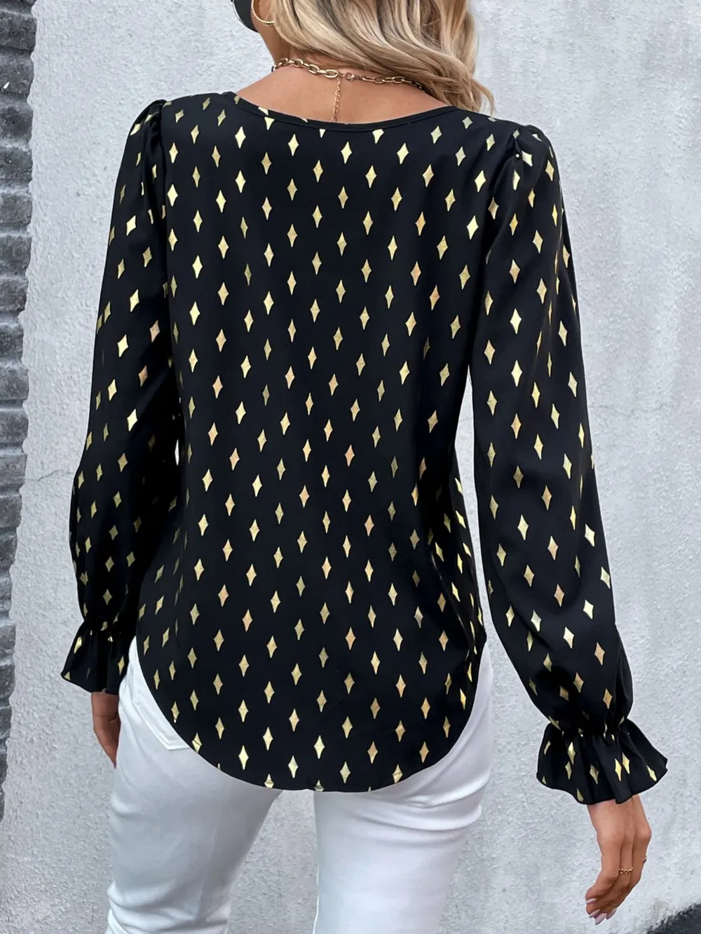 Printed Round Neck Flounce Sleeve Blouse, image 10