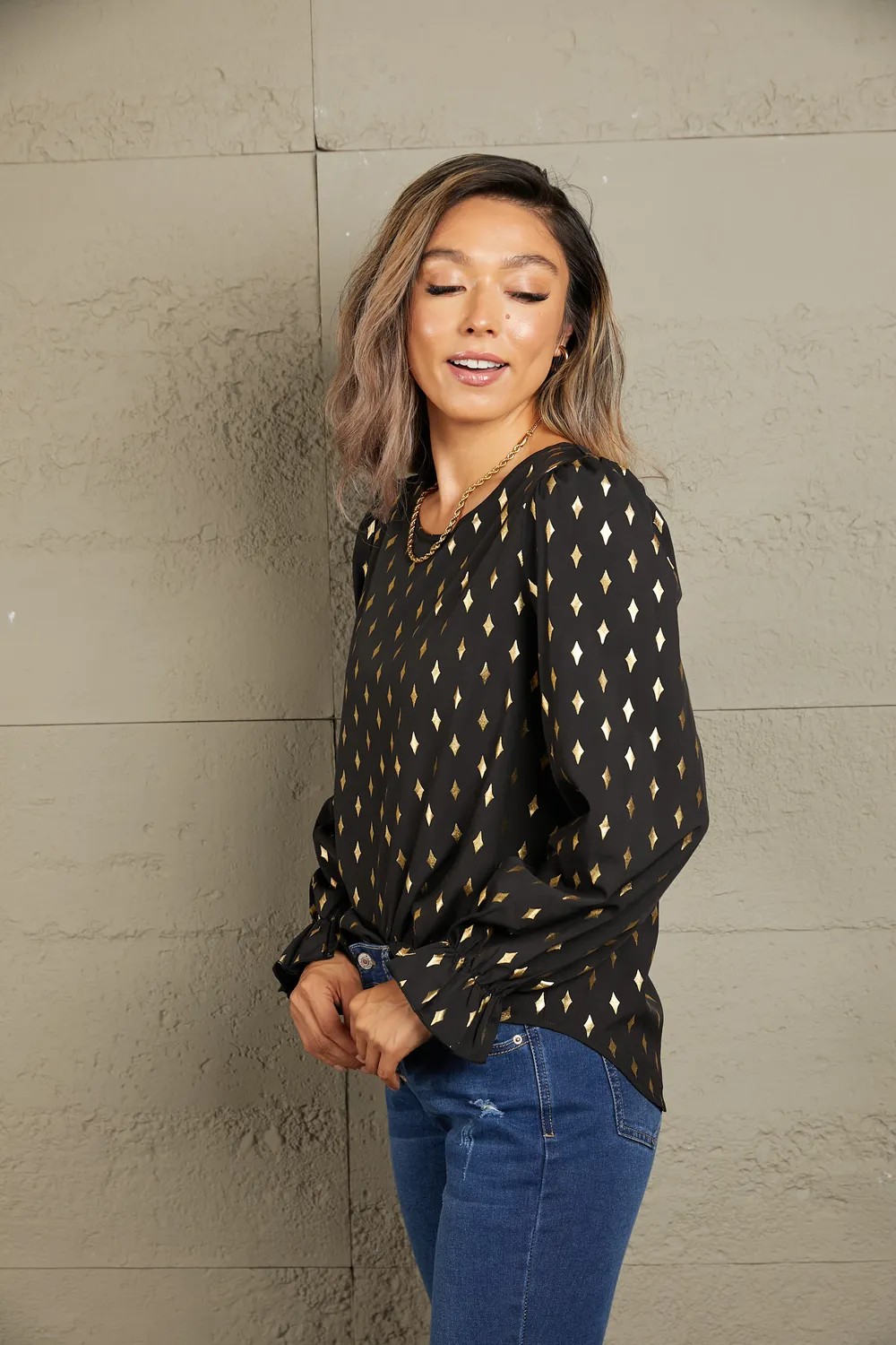 Printed Round Neck Flounce Sleeve Blouse, image 3