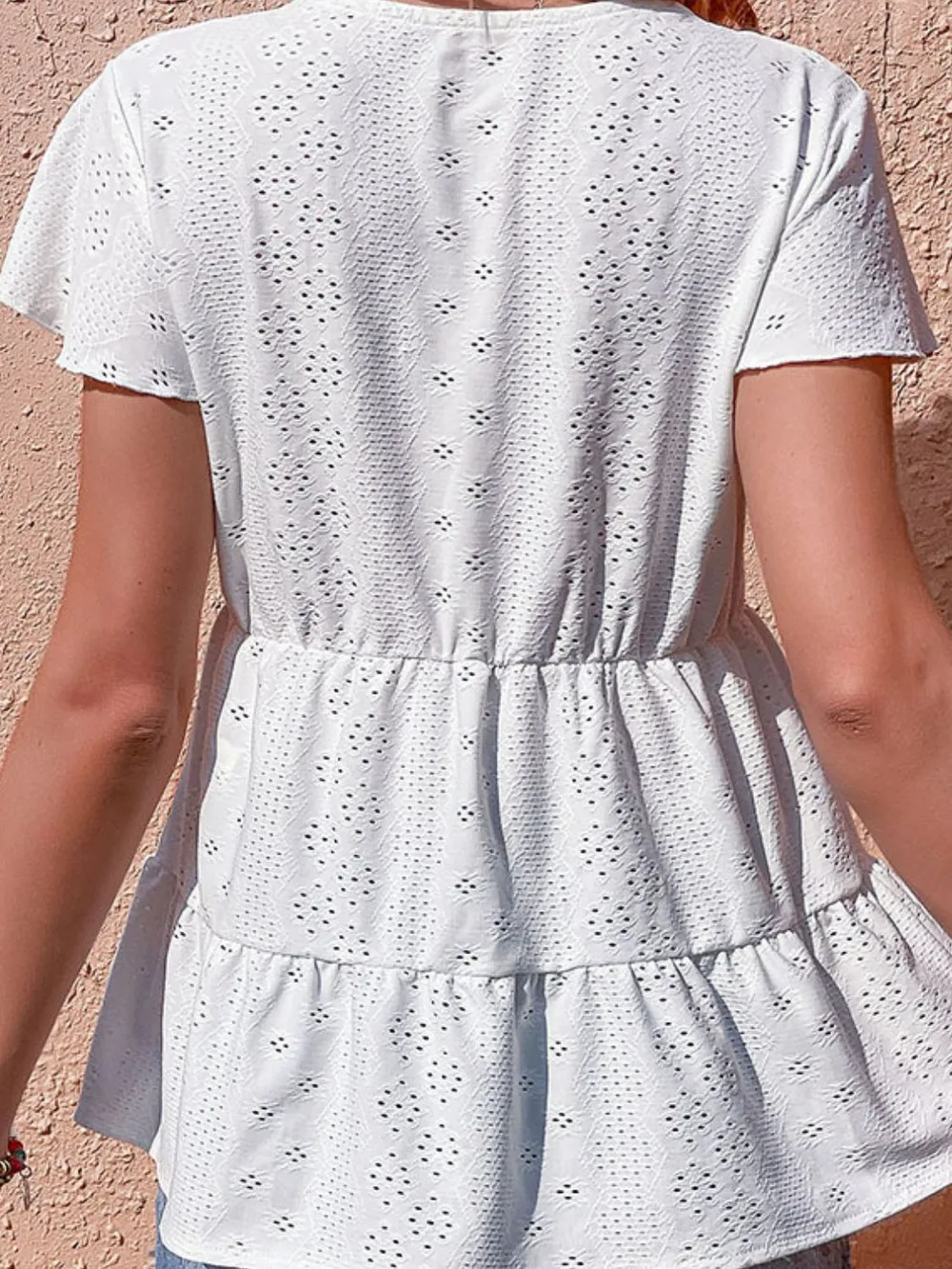 Button Front Eyelet Flutter Sleeve Tiered Blouse, image 5