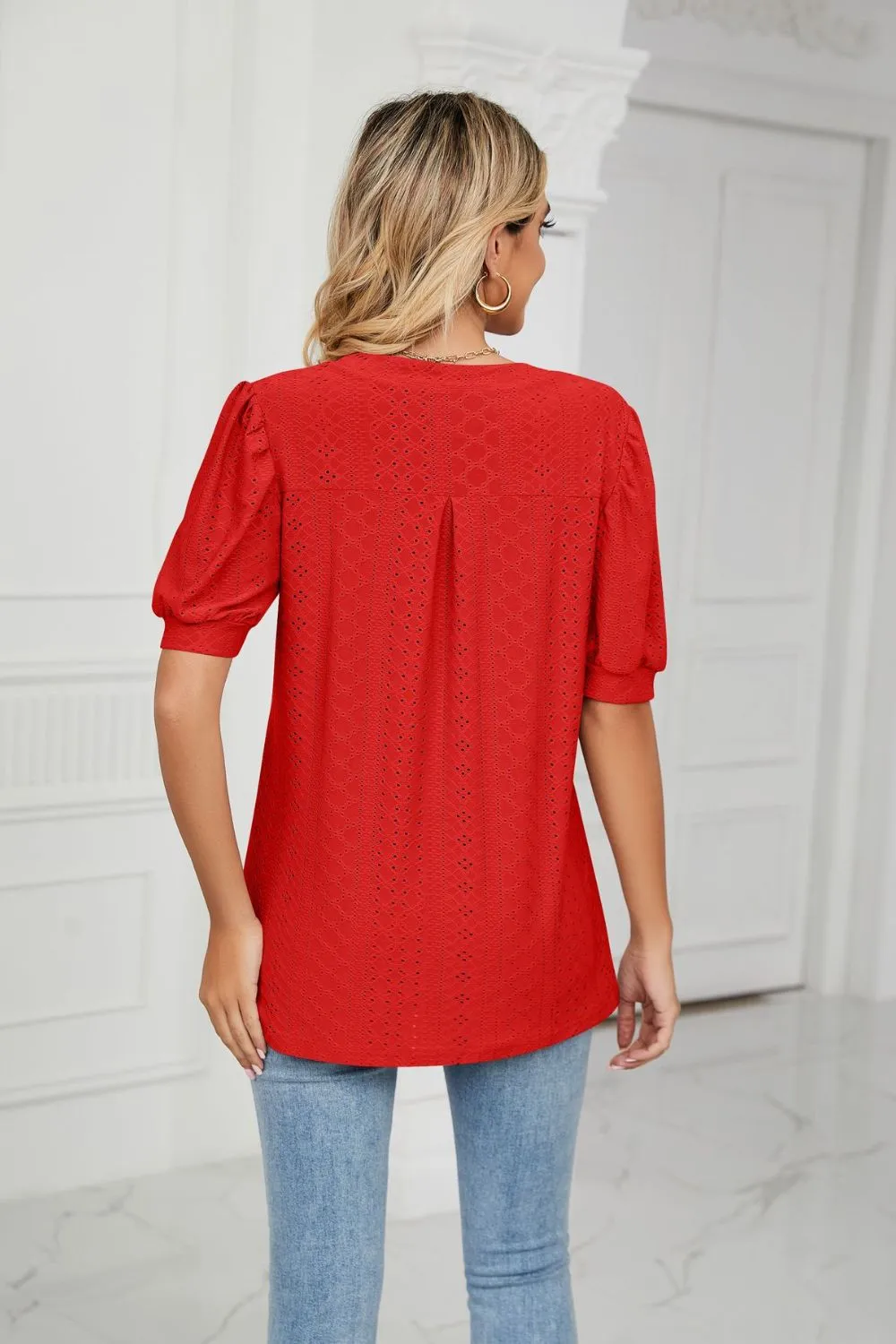 Eyelet Short Puff Sleeve Notched Neck Top, image 37