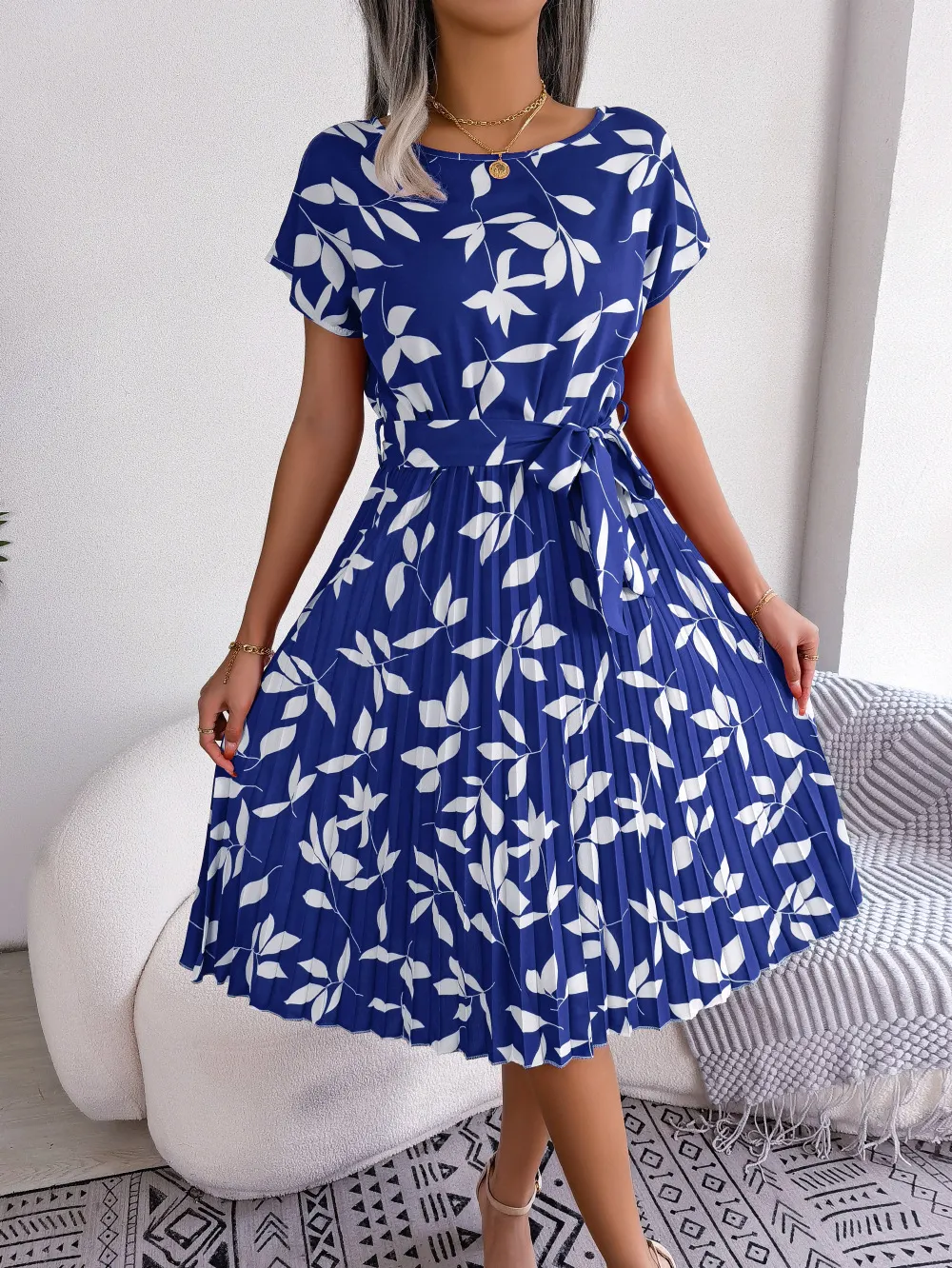 Printed Round Neck Short Sleeve Pleated Dress, image 5