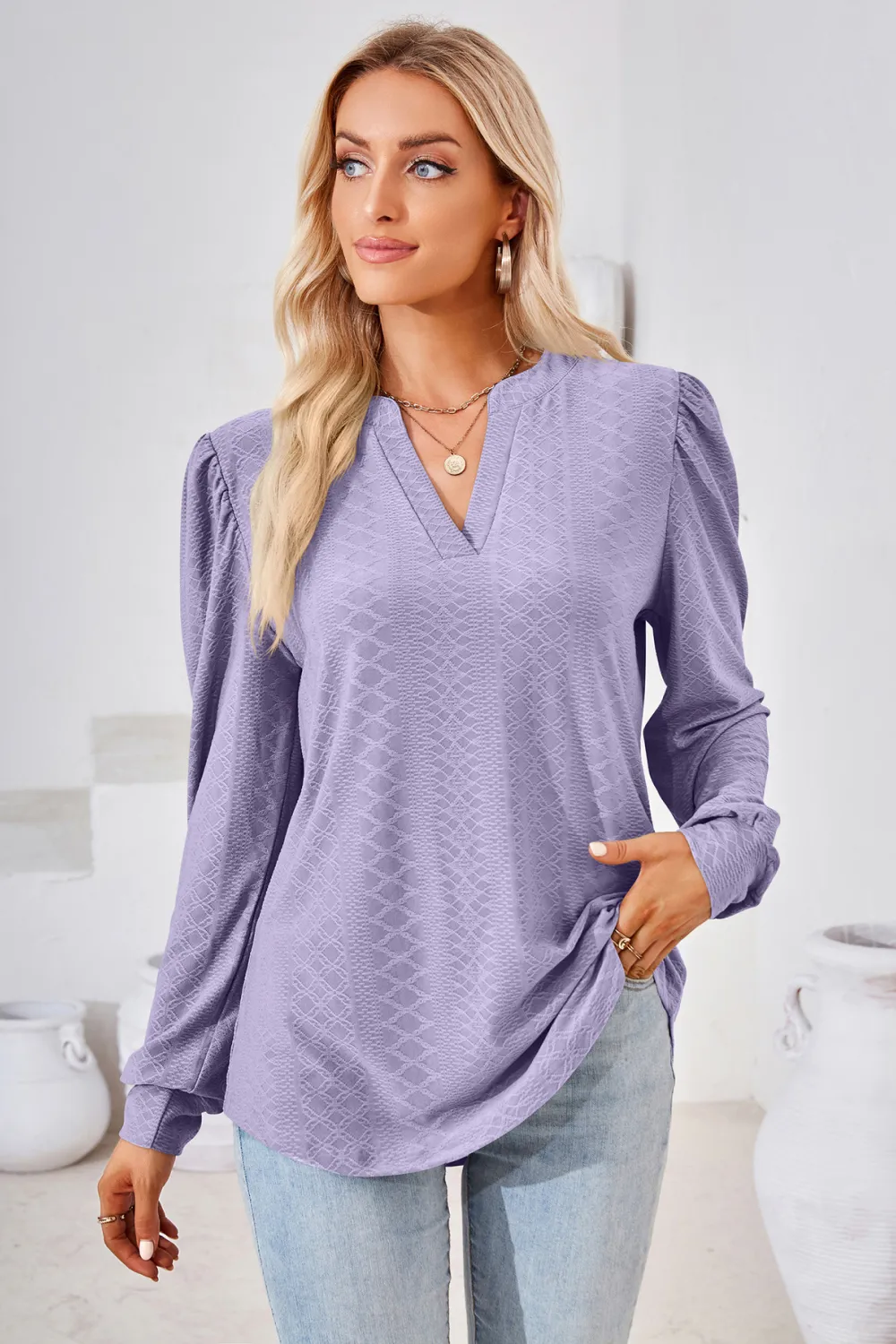 V-Neck Puff Sleeve Blouse, image 4
