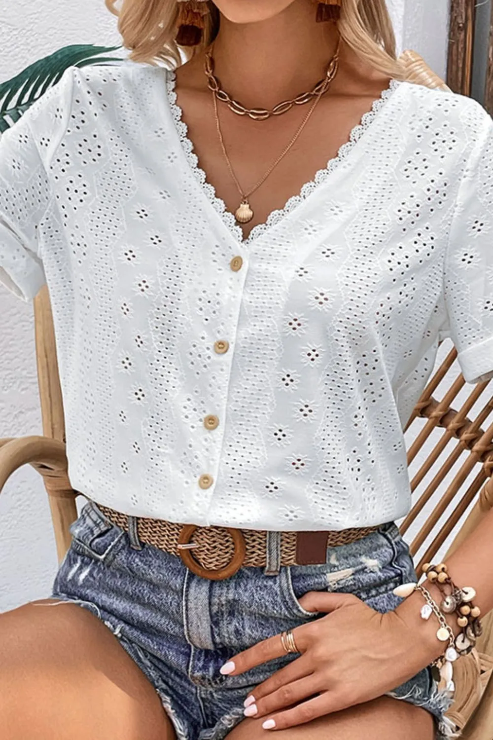 Eyelet Short Sleeve Double-Sided Shirt, image 2