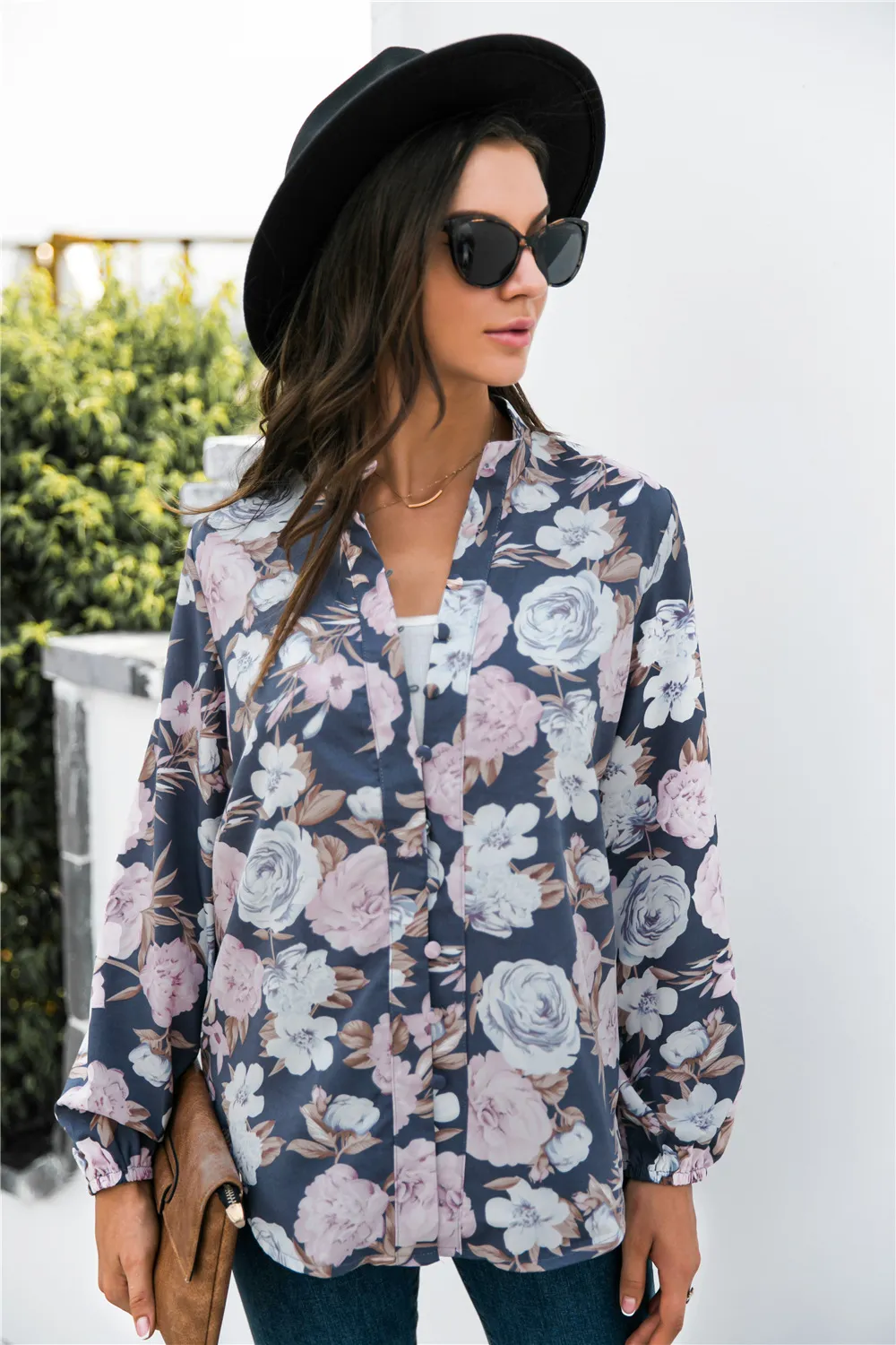 Floral Print Mock Neck Button Front Shirt, image 3