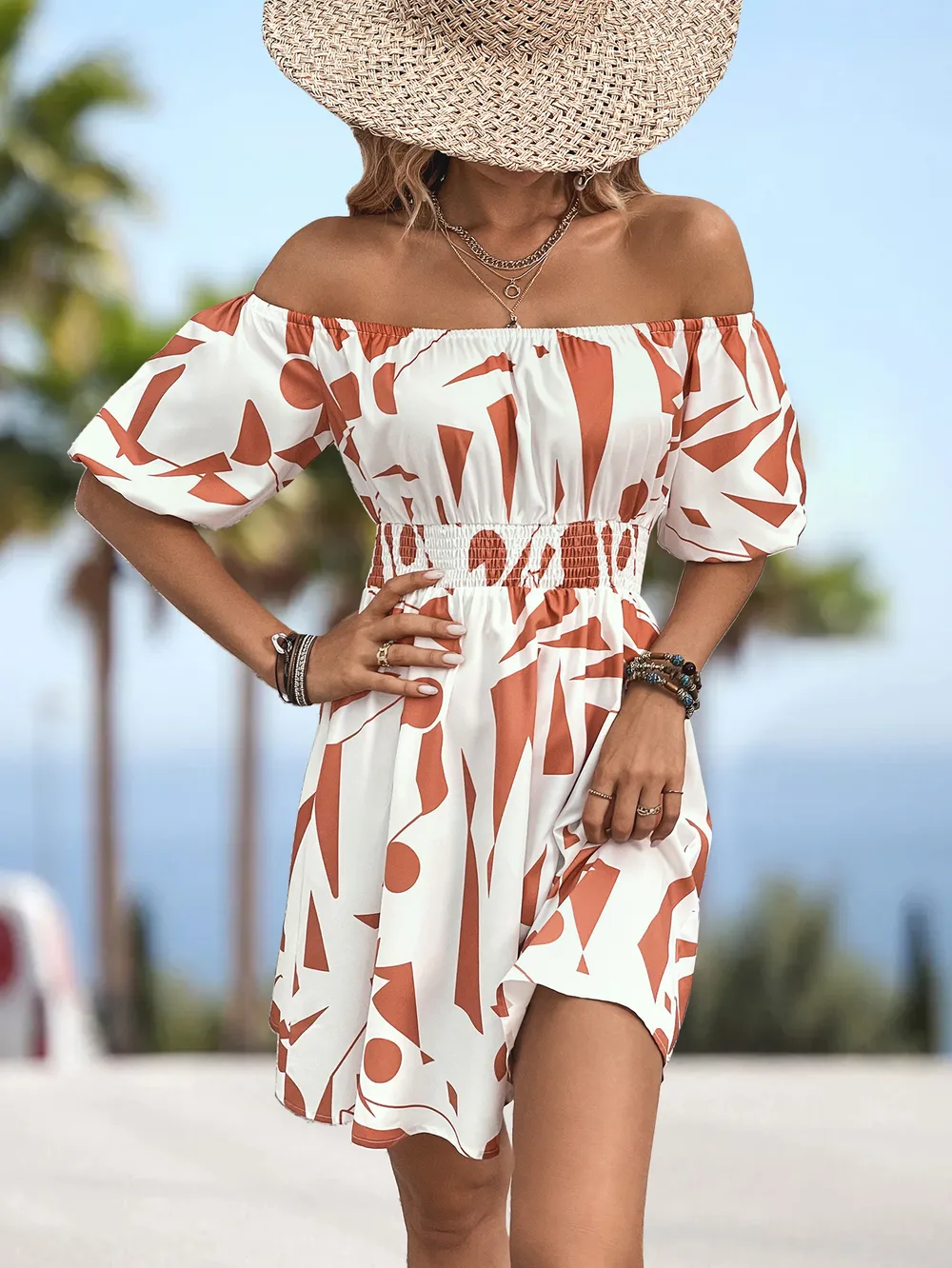 Printed Off-Shoulder Smocked Waist Dress, image 9