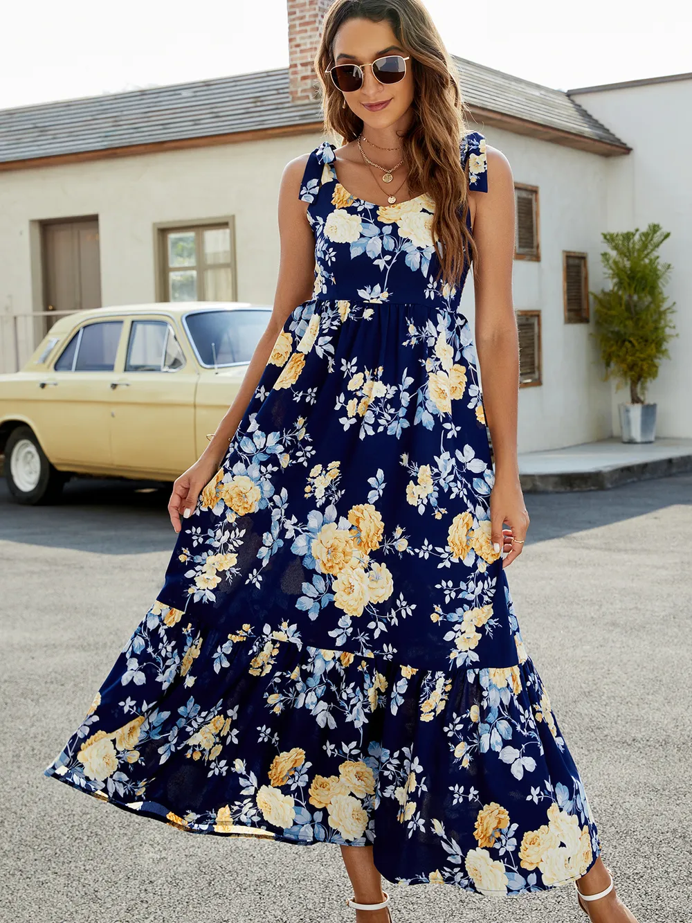 Floral Tie-Shoulder Sleeveless Dress, image 5