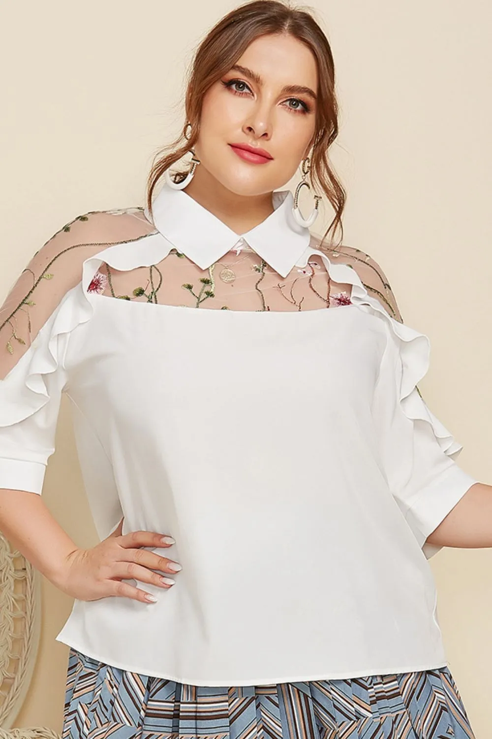 Plus Size Embroidered Ruffle Trim Collared Half Sleeve Blouse, image 4