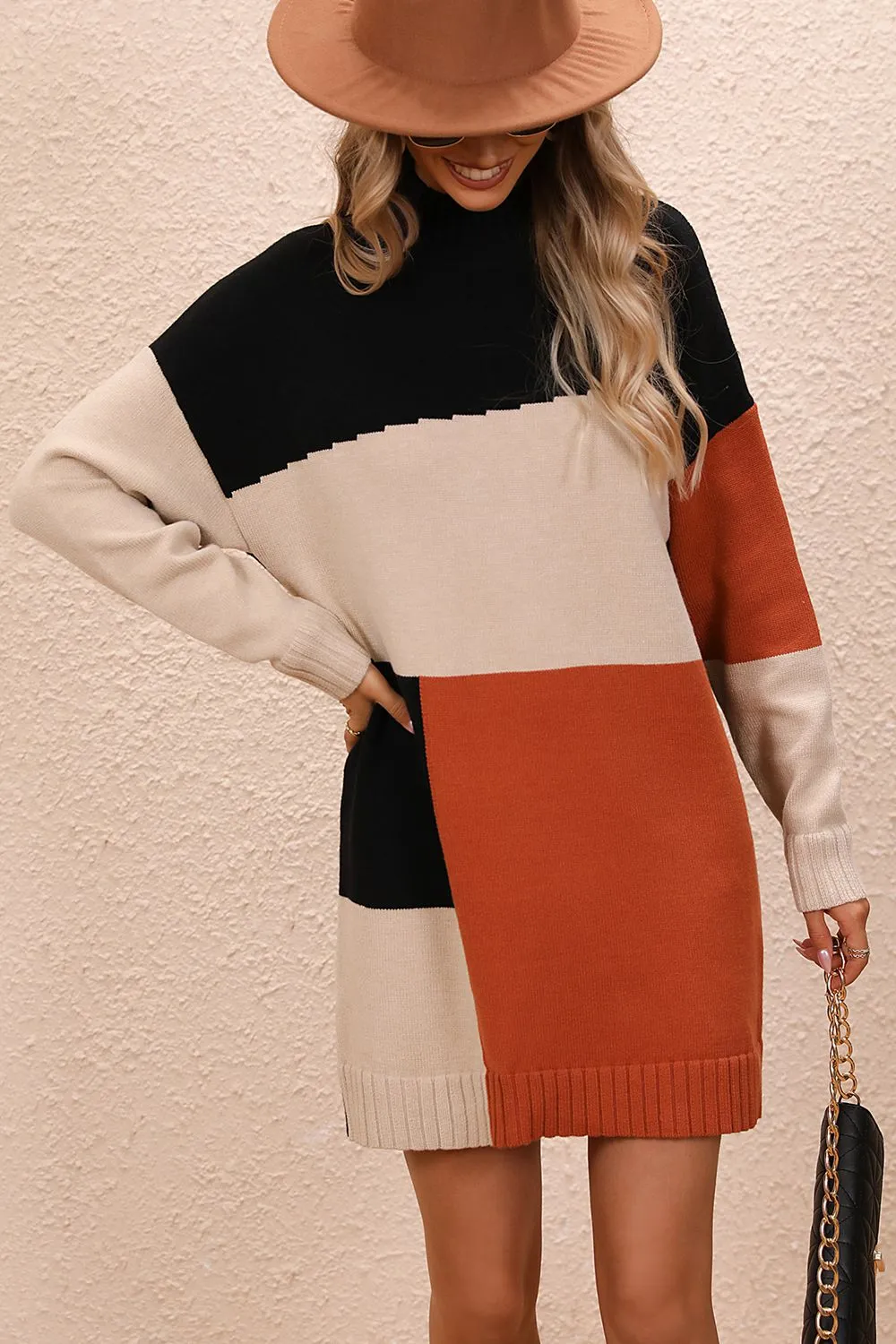 Color Block Mock Neck Dropped Shoulder Sweater Dress, image 3