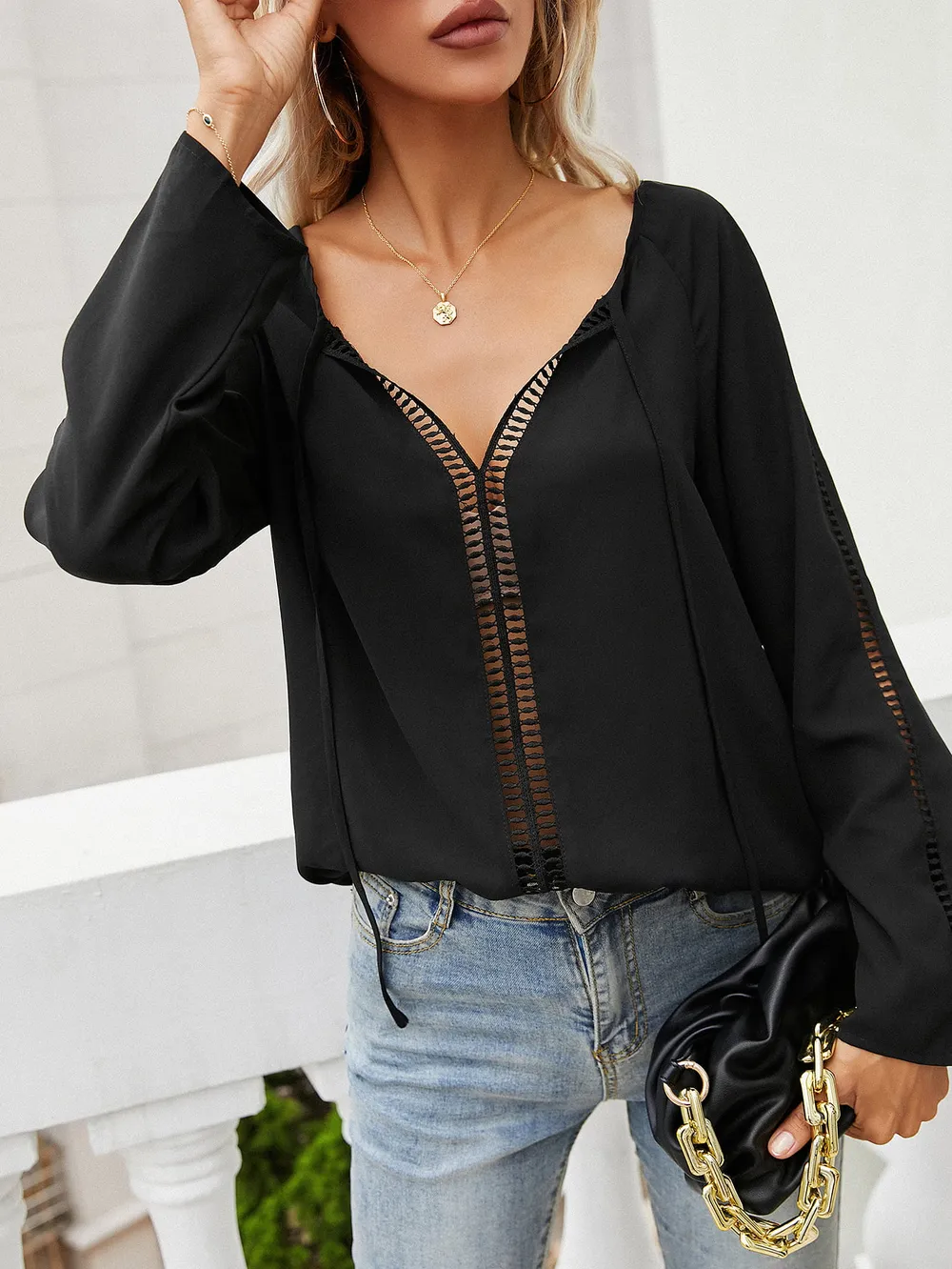 Tie Neck Long Sleeve Semi-Sheer Blouse, image 4