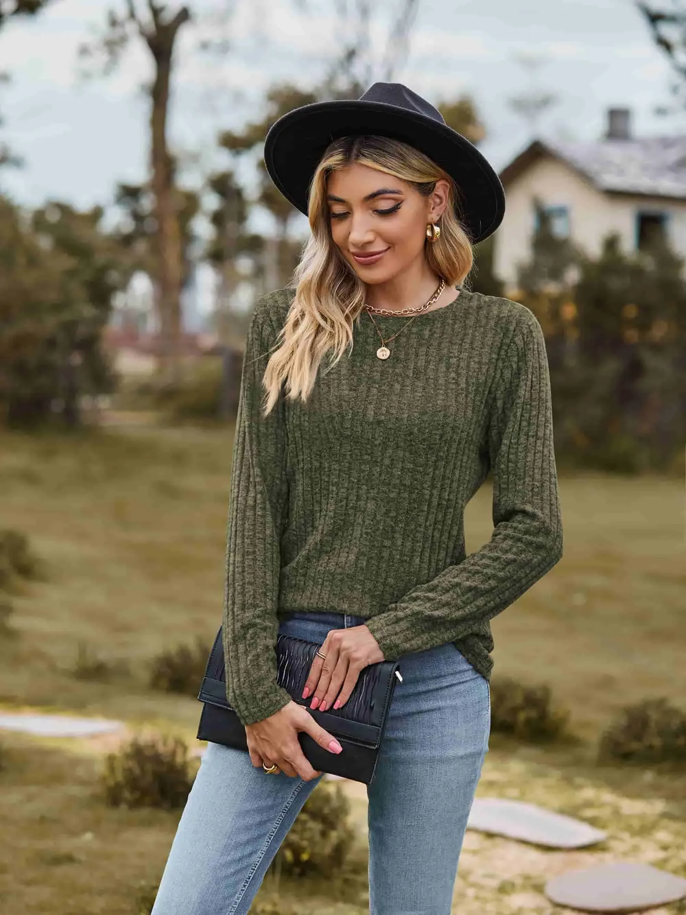 Ribbed Round Neck Long Sleeve Tee, image 27