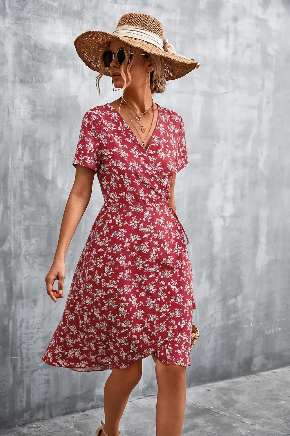 Floral Surplice Neck Flutter Sleeve Dress, image 11