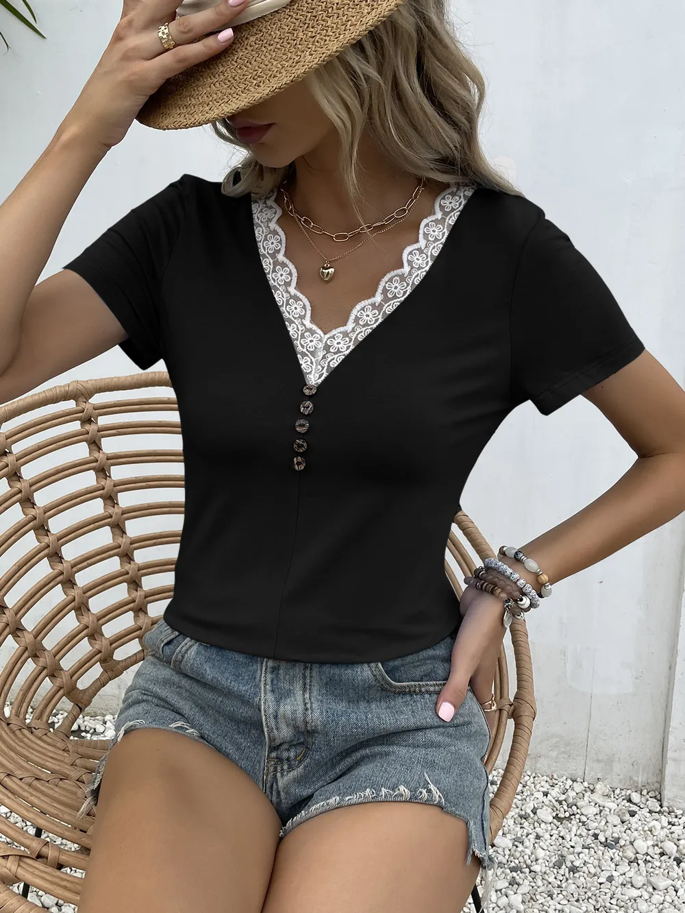 Lace Trim V-Neck Short Sleeve Blouse, image 2
