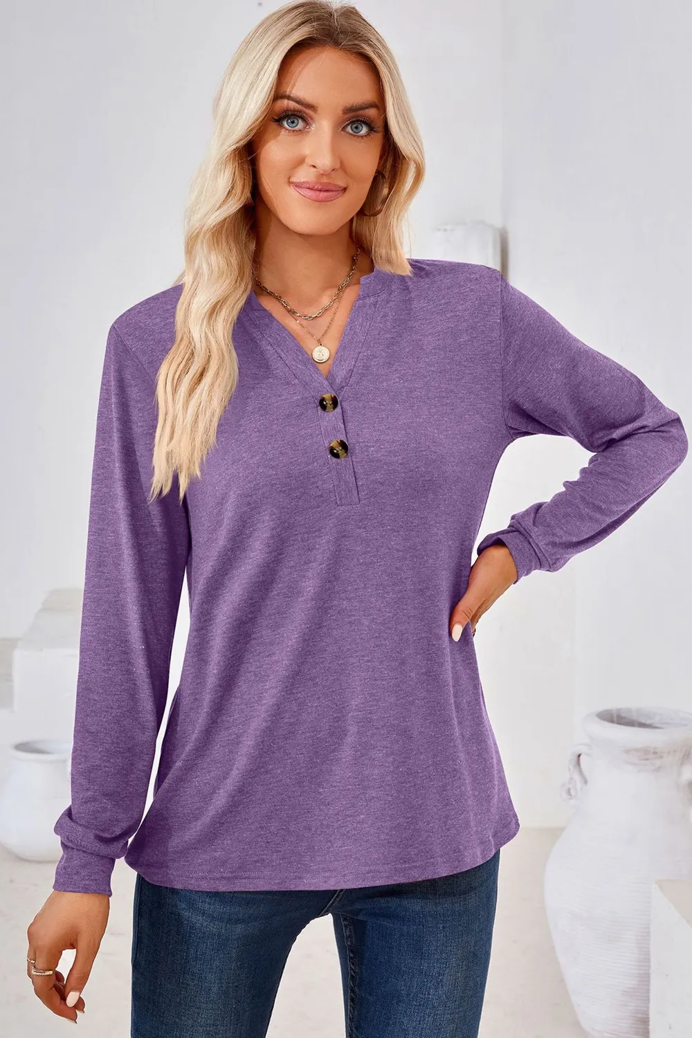 V-Neck Buttoned Long Sleeve Blouse, image 4