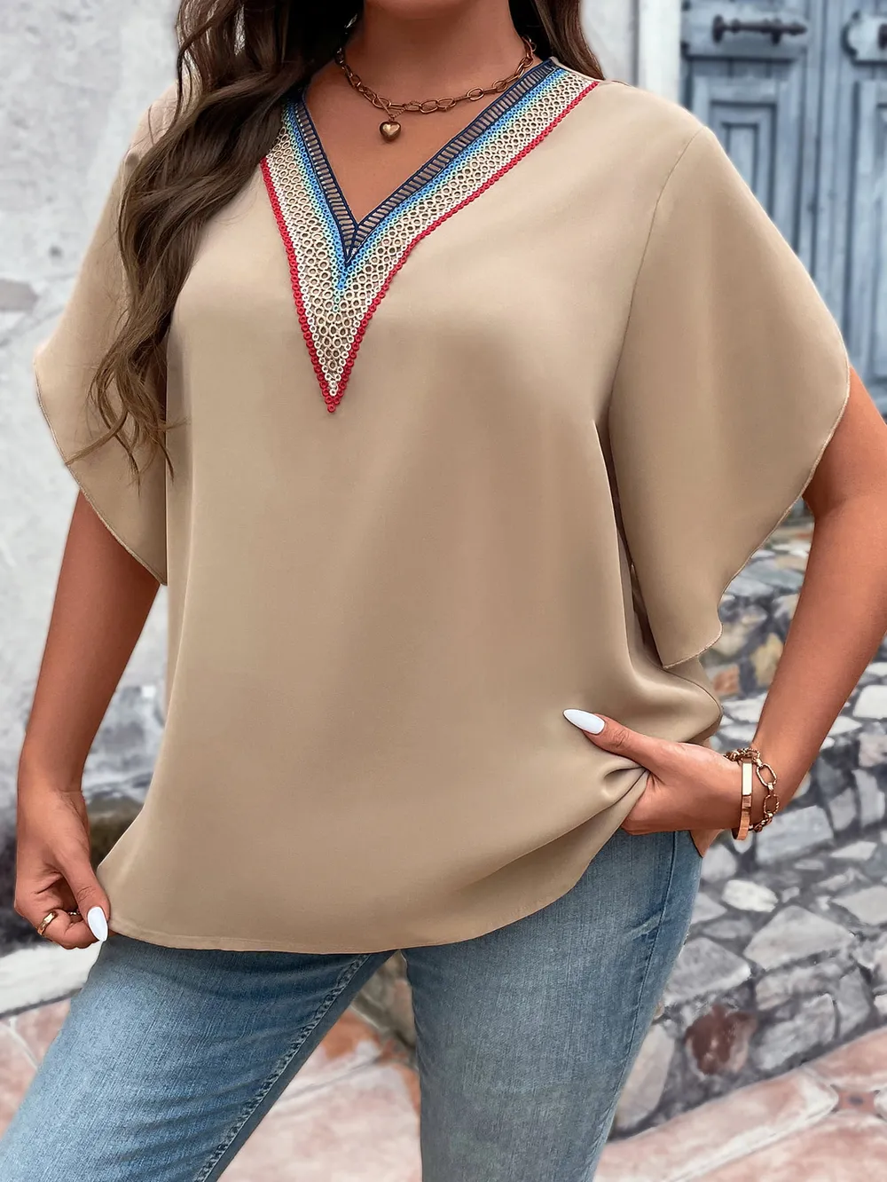Plus Size V-Neck Flutter Sleeve Blouse, image 5