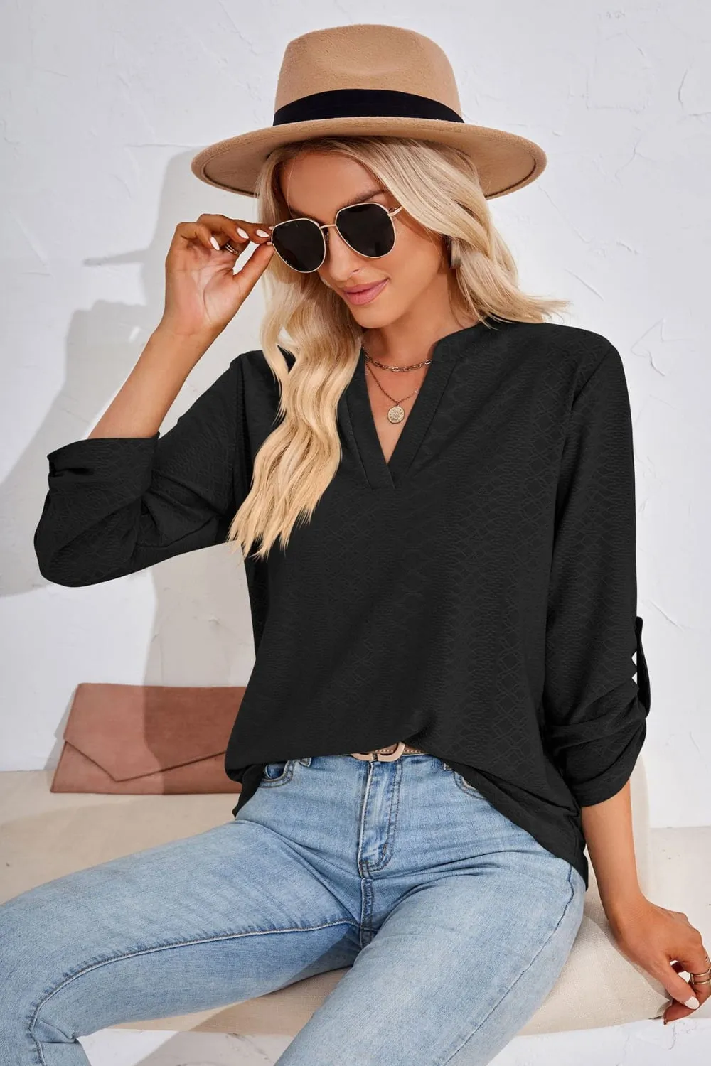 V-Neck Roll-Tap Sleeve Blouse, image 6