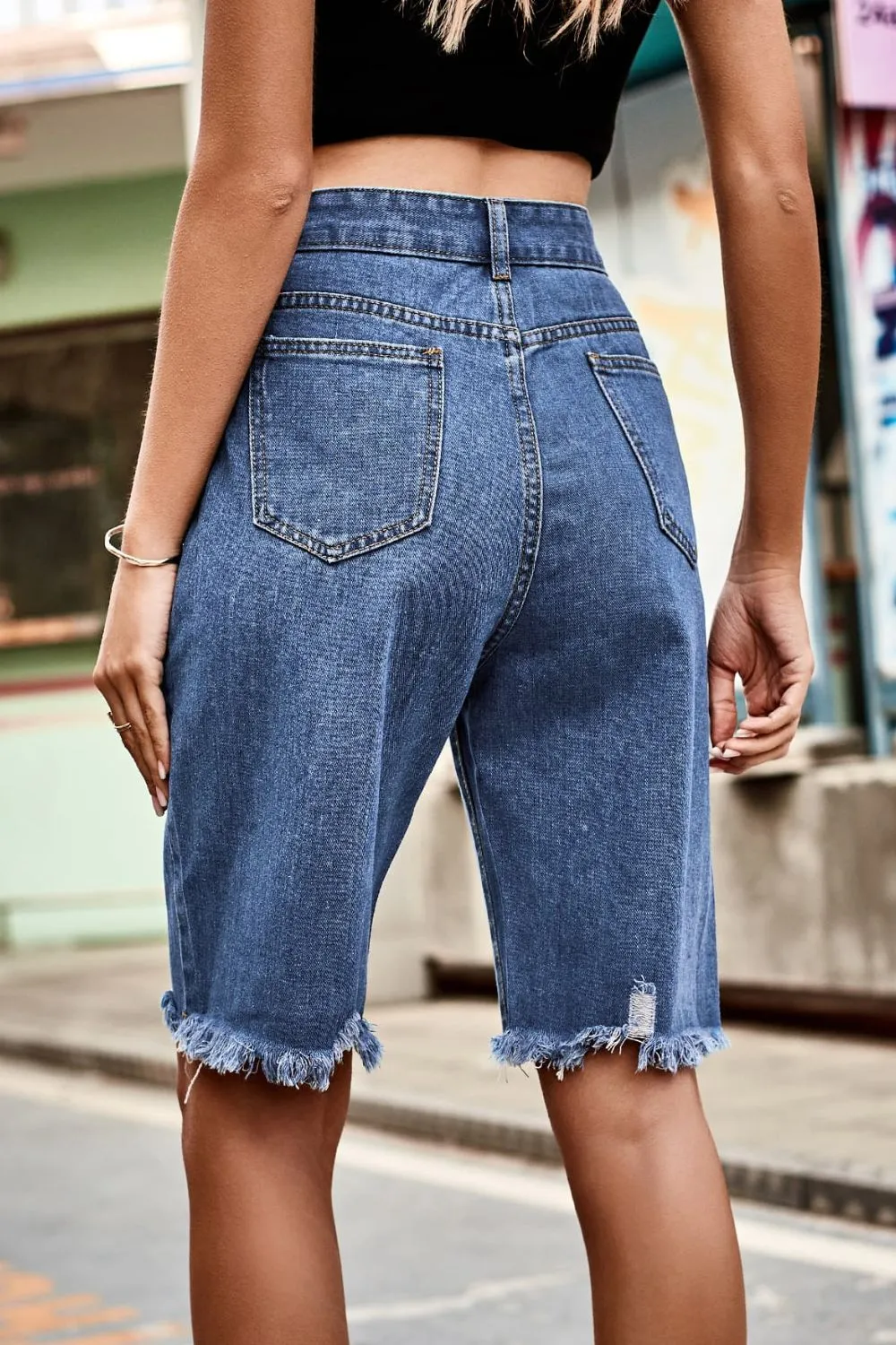Raw Hem High Waist Denim Shorts with Pockets, image 6