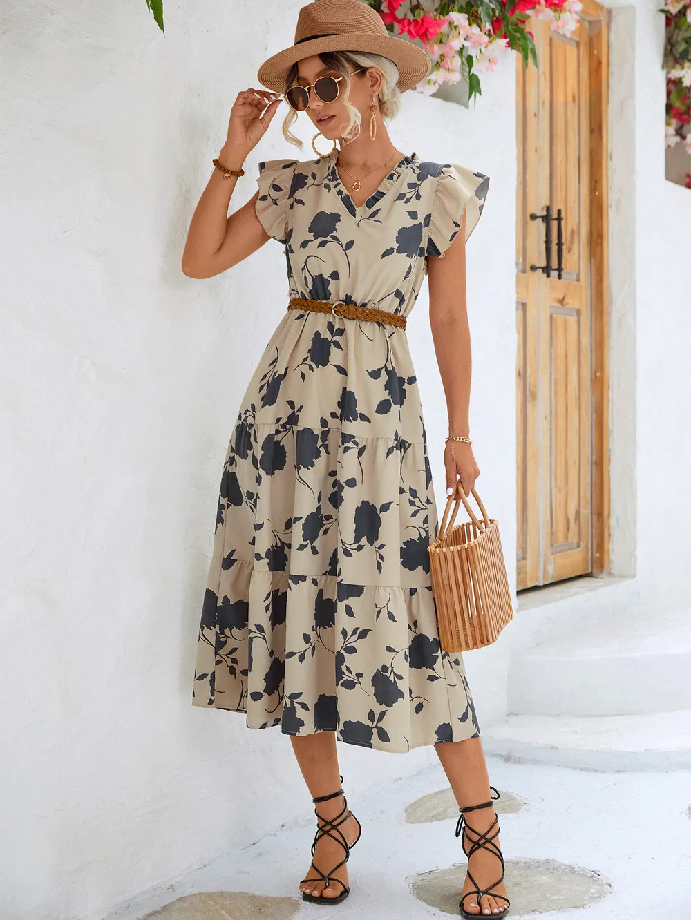 Floral Frill Trim V-Neck Tiered Midi Dress, image 9