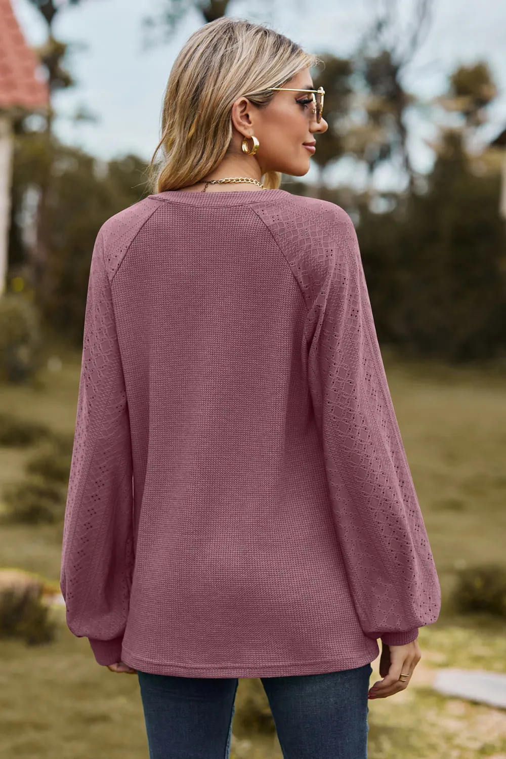 Notched Neck Raglan Sleeve Blouse, image 3